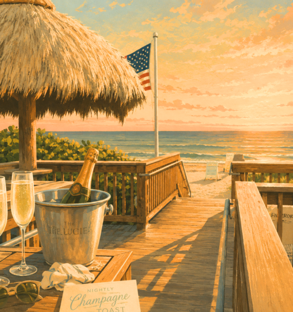 A boardwalk leads to a sandy beach at sunset. A U.S. flag waves in the breeze, and a table holds a champagne bucket, two filled glasses, and a card reading Nightly Champagne Toast under a thatched umbrella.