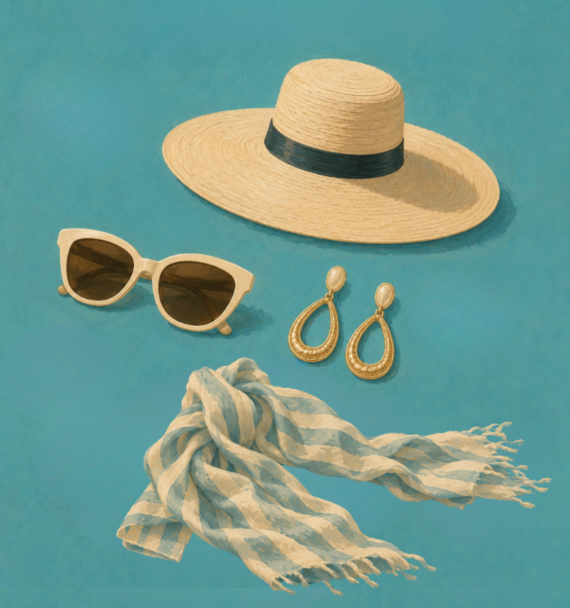 A straw hat with a black band, cream-colored sunglasses, gold teardrop earrings, and a blue-and-white striped scarf are arranged on a blue background.
