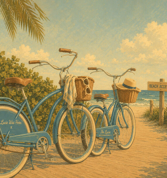 Two blue vintage bicycles with baskets rest on a sandy path lined with greenery, leading to a beach. One basket holds a hat and blanket. A sign reads Beach Access under a sunny sky with palm leaves overhead.