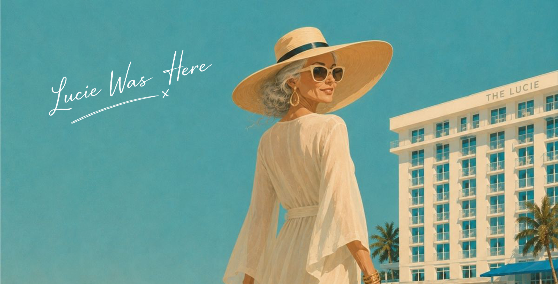 A stylish woman in a sunhat and sunglasses stands in front of a modern hotel called The Lucie with palm trees and blue sky in the background. The text reads Lucie Was Here.