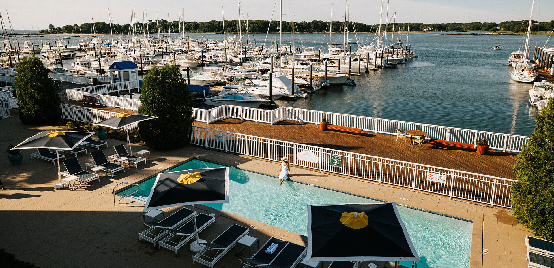 Aerial view of a marina with numerous docked boats on a sunny day. In the foreground, a small, rectangular outdoor pool is surrounded by lounge chairs and umbrellas. Trees and a wooden deck separate the pool area from the marina.