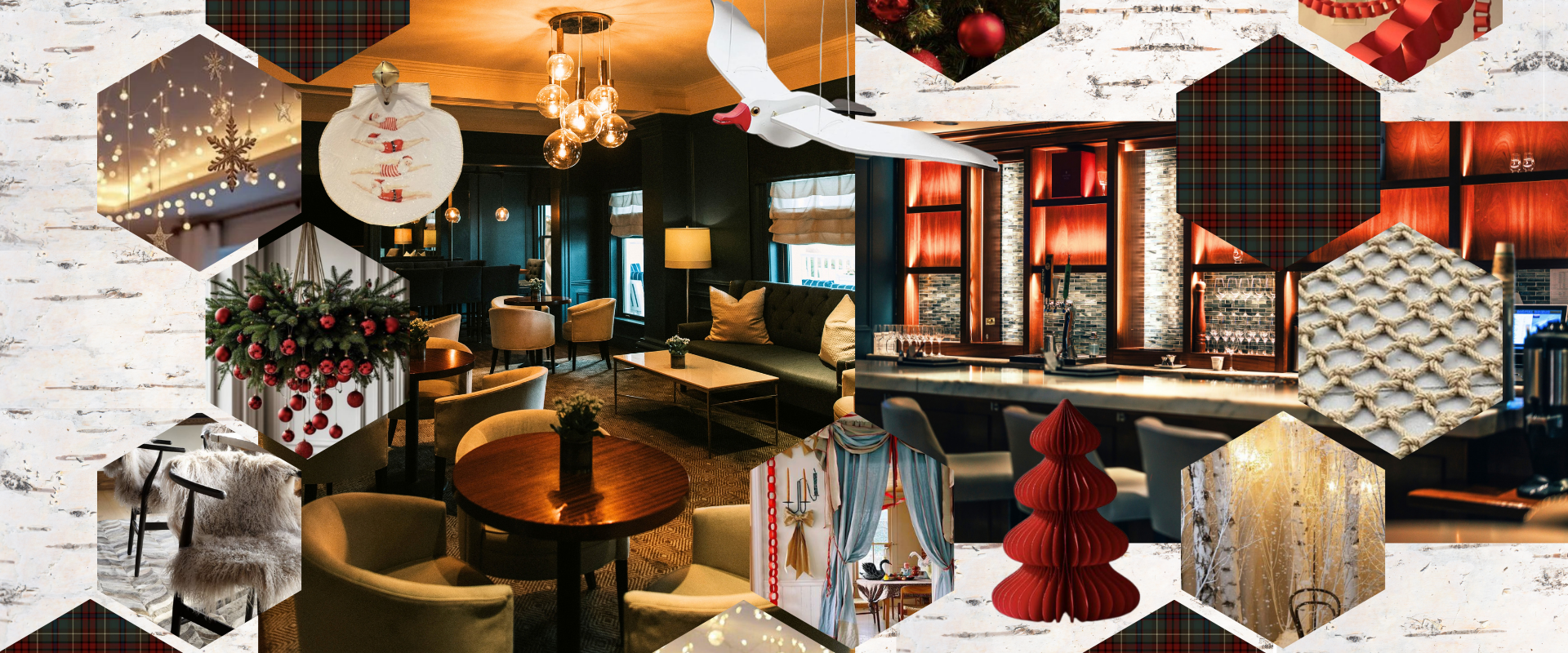 A collage featuring a dimly lit lounge with comfortable seating and a bar, surrounded by festive holiday decorations including ornaments, a hanging evergreen arrangement, and a paper Christmas tree.