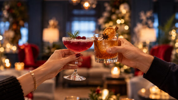 Two people cheersing with a red holiday cocktail and a whiskey drink in a festive, dimly lit room.