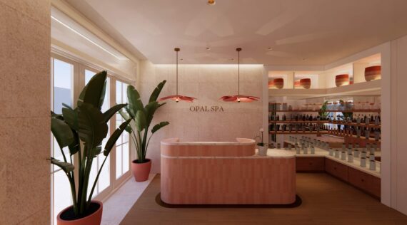 Modern spa reception area with a pink marble desk, two large potted plants, pink pendant lights, shelves of products, and natural light streaming through tall glass doors; OPAL SPA is on the back wall.