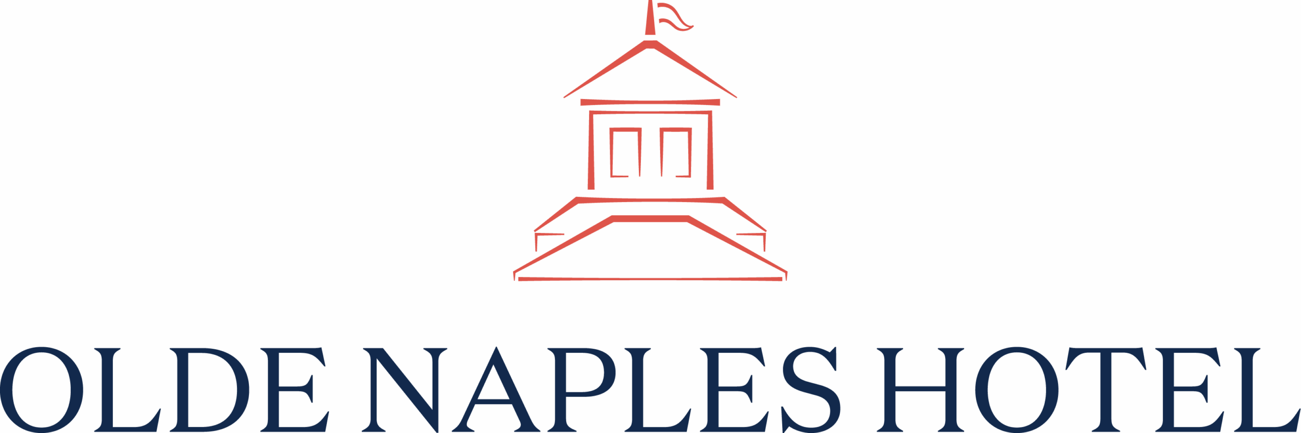 Logo for Olde Naples Hotel featuring a simple red line drawing of a building with a flag on top, above the hotel name in large blue capital letters.