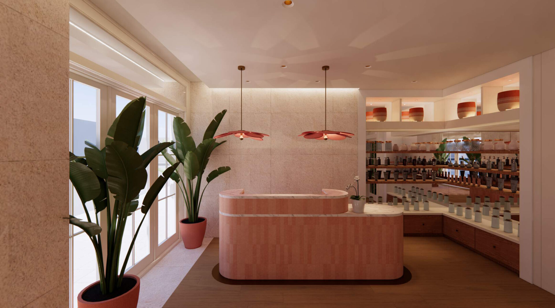A modern, softly lit retail space with a pink front counter, two pink hanging lamps, large potted plants by tall windows, and shelves displaying jars and bottles along the back and side walls.
