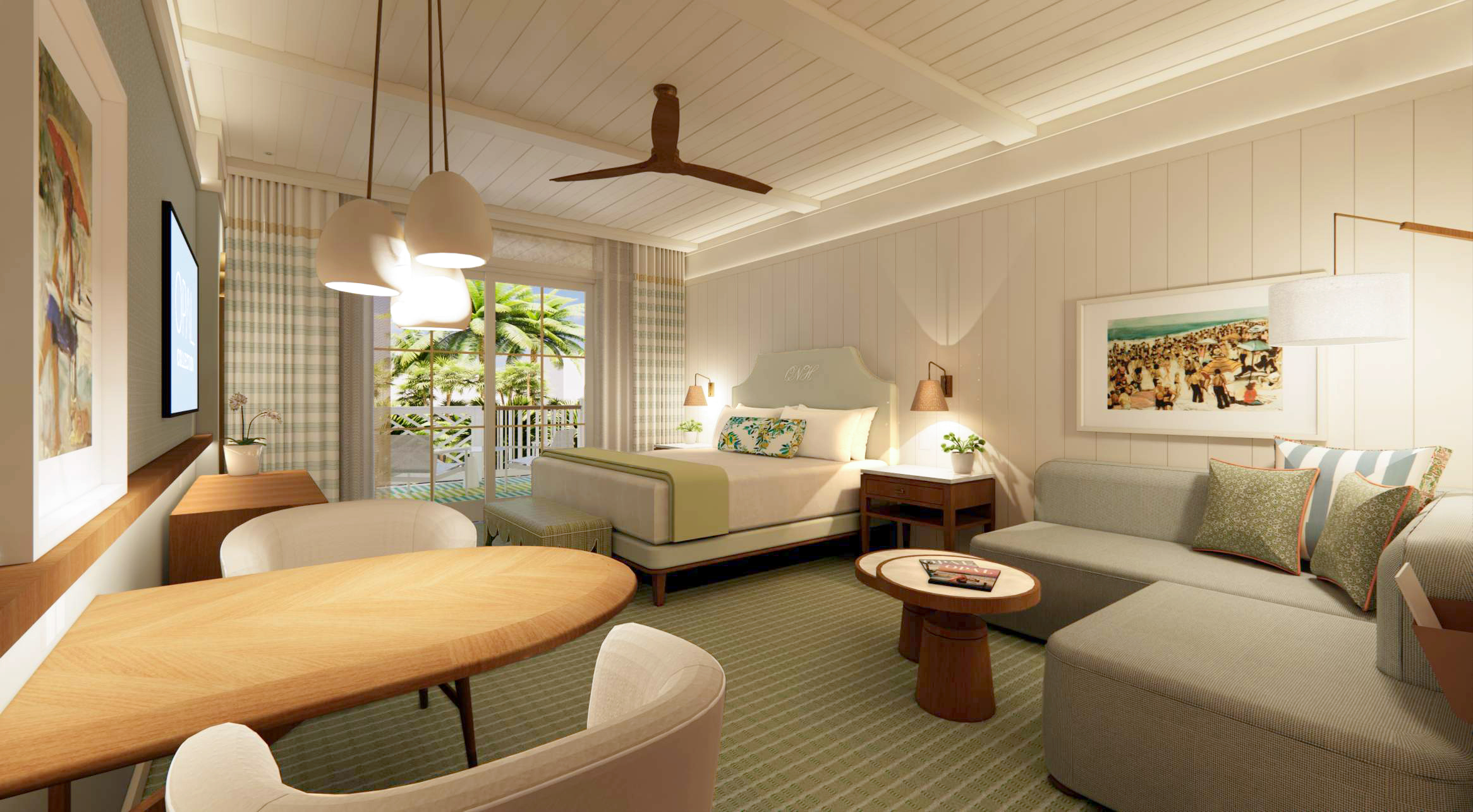 A bright, modern hotel room with a large bed, desk, round dining table, chairs, sofa, and artwork on the walls. Sunlight filters through sheer curtains, and a glass door opens to a balcony with a view of palm trees.