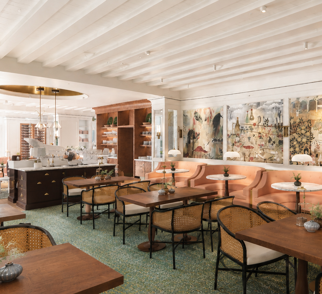 A stylish cafe with wooden tables, cane and peach-upholstered chairs, pastel decor, large wall art, green patterned carpet, and a white beamed ceiling. Soft natural light fills the inviting, modern space.