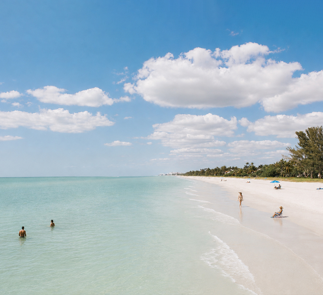 A tranquil beach scene with turquoise water, soft white sand, a few people swimming and relaxing, and a line of trees in the background under a blue sky with scattered clouds.