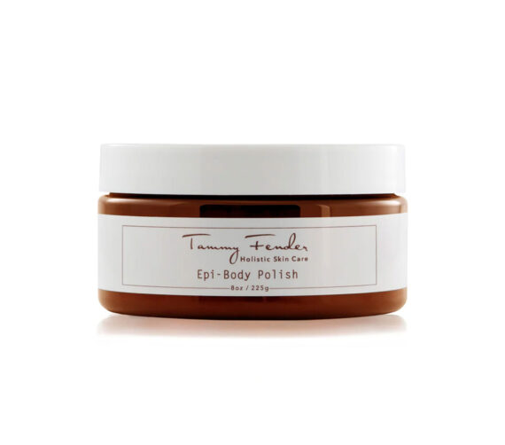A brown jar with a white lid labeled Tammy Fender Holistic Skin Care Epi-Body Polish 8oz / 225g against a white background.