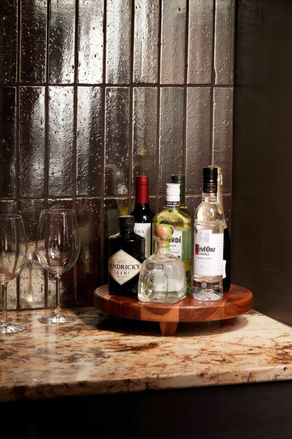 Liquor bottles found in the kitchen of room accommodations at Bobby Nashville