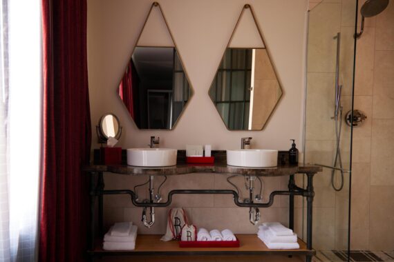 Double vanity in bathroom of a room accommodation at Bobby Nashville.