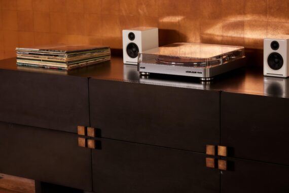Record player in the living area of a Bobby Nashville suite.