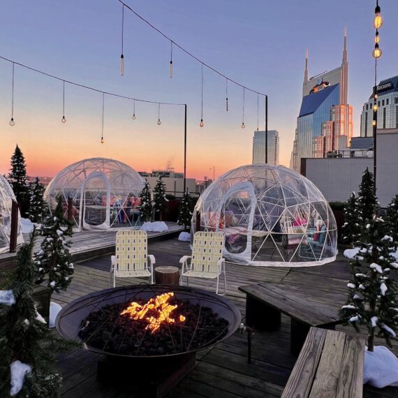 Rooftop igloos as part of Camp Bobby's wintertime programming on the rooftop