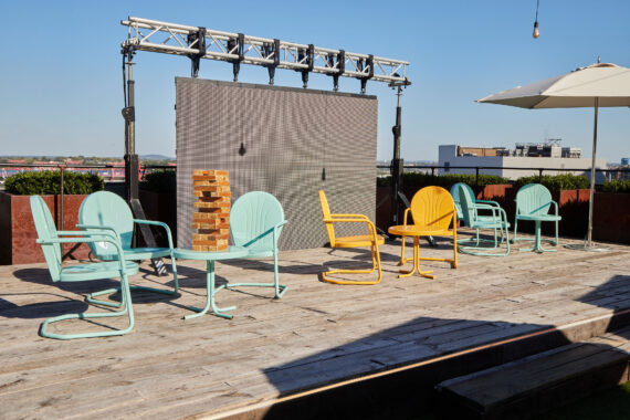 The empty stage at the rooftop Bobby Nashville waits for a musician to take center stage.
