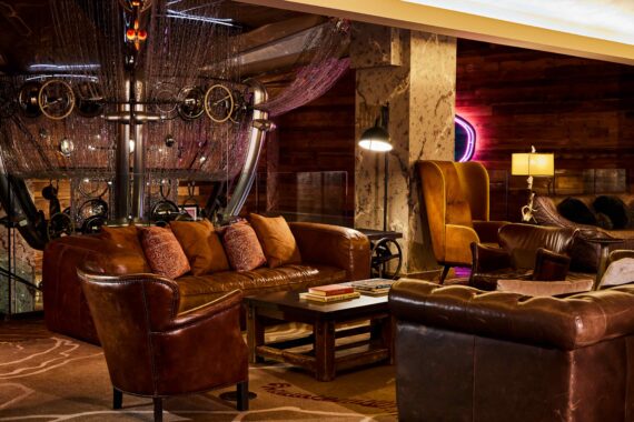 Bobby Nashville's seating area in the lounge featuring the Cadillac chandelier over the staircase.