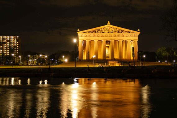 The Nashville Parthenon at night, a full-scale replica of its ancient Greek counterpart