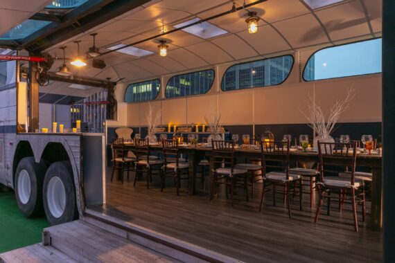 The retrofitted 1956 Scenicruiser on the rooftop at Bobby Nashville, offering unique meeting space for groups.