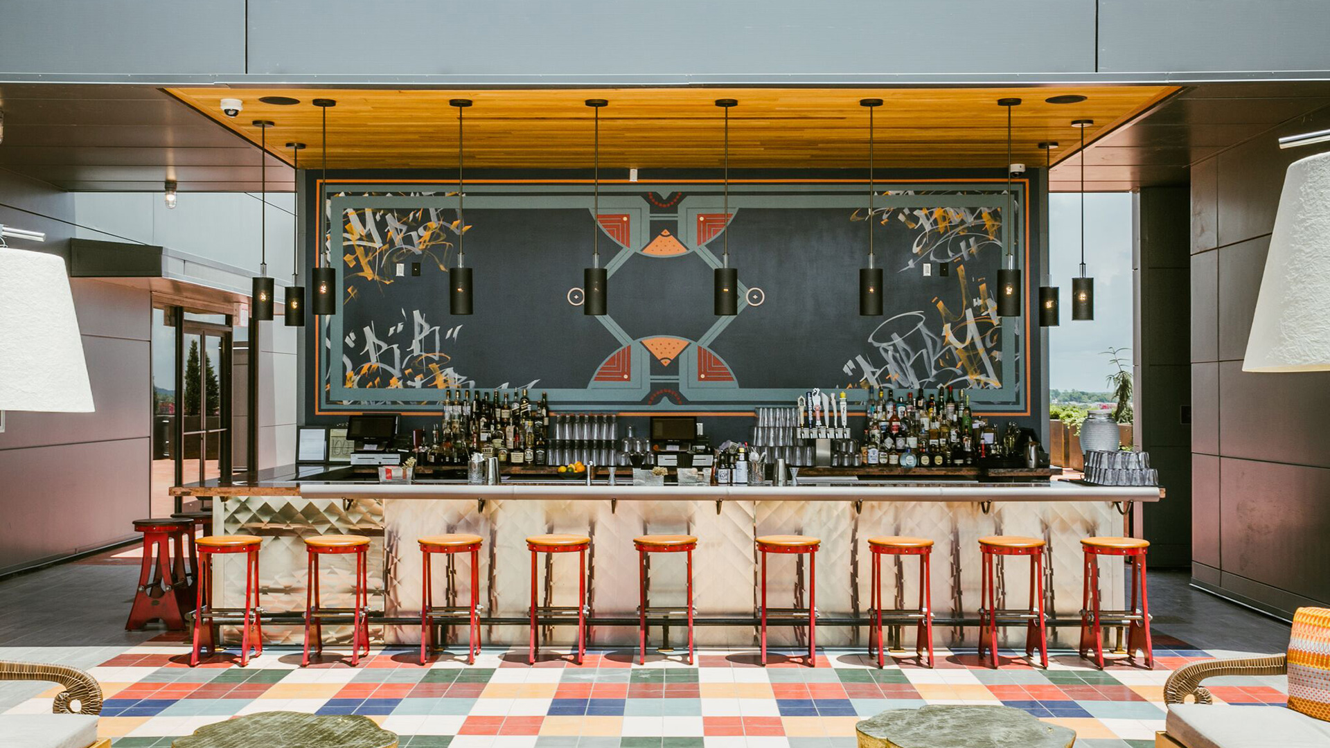 The rooftop bar at The Nash, offering cozy and creative places to sit.