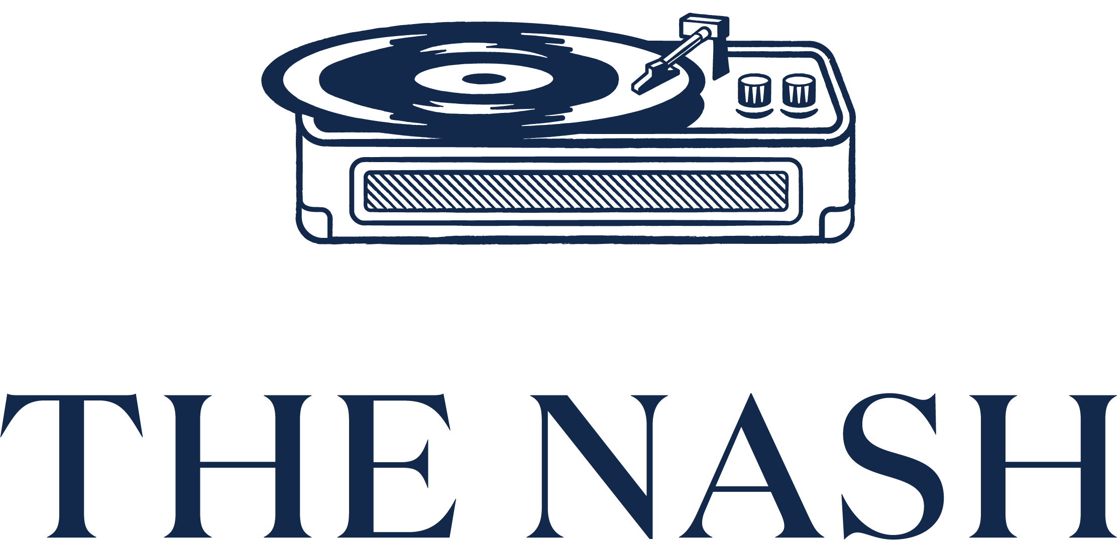 Line art illustration of a record player above the text THE NASH.