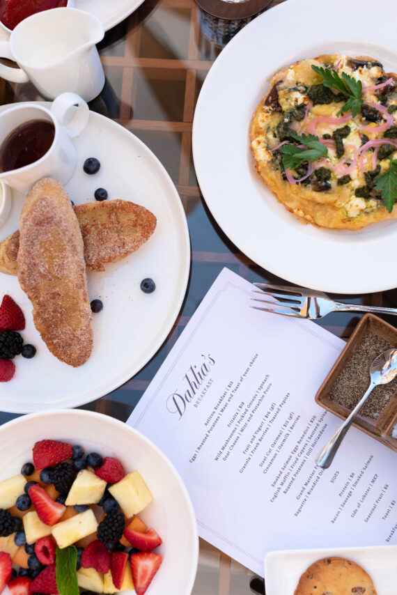 A detail shot of several brunch dishes from Dahlias, the signature restaurant of The Asticou