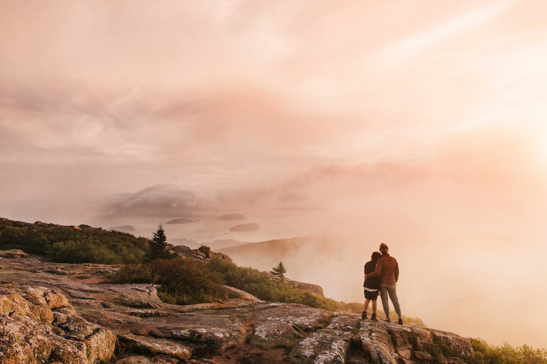The view from of an early morning sunrise from the top of Cadillac Mountain in Acadia.