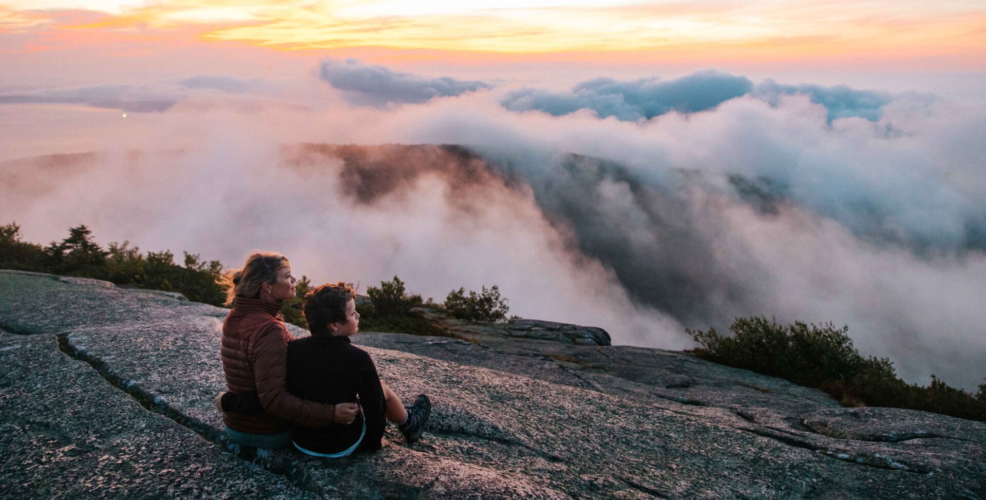 The view from of an early morning sunrise from the top of Cadillac Mountain in Acadia.