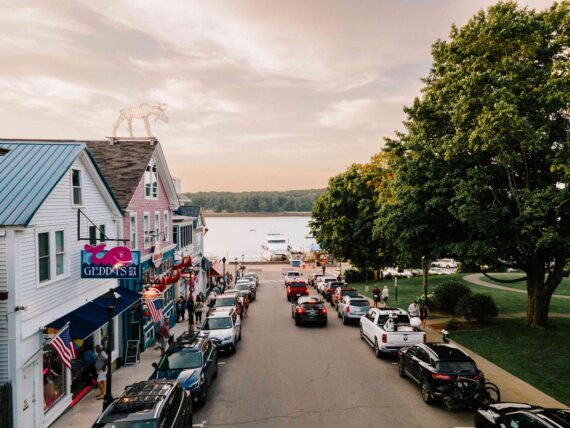A downtown street in Bar Harbor at dusk.