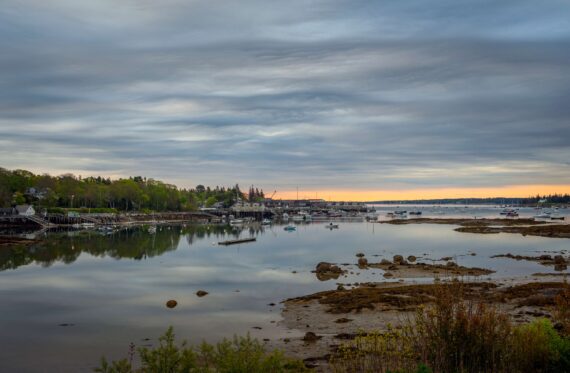 A dusk scene of Northeast Harbor on Mount Desert Island in Maine