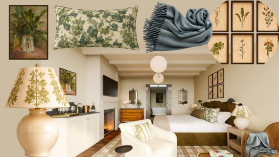 A cozy bedroom with a botanical theme, featuring floral prints, green and beige decor, a floral lamp, green pillow, soft gray throw, framed botanical art, and leafy accents in a warm, neutral setting.