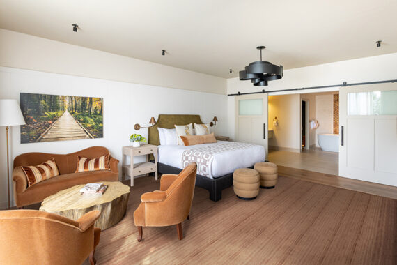 Spacious hotel room with a bed, tan chairs, a wood coffee table, a sofa, and a large photo of a boardwalk in a forest. Sliding barn doors lead to a bathroom with a freestanding tub.