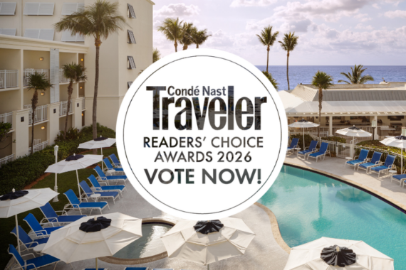 A tropical resort with palm trees, a curved pool, lounge chairs, and umbrellas by the ocean, overlaid with a Condé Nast Traveler Readers’ Choice Awards 2026 “Vote Now!” graphic.