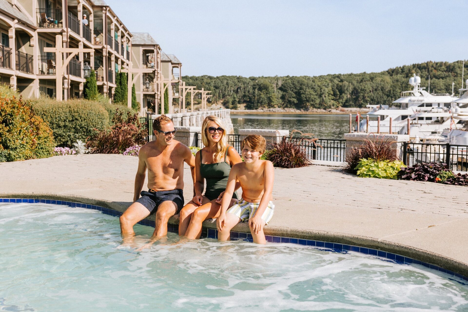 Harborside family at pool in Bar Harbor
