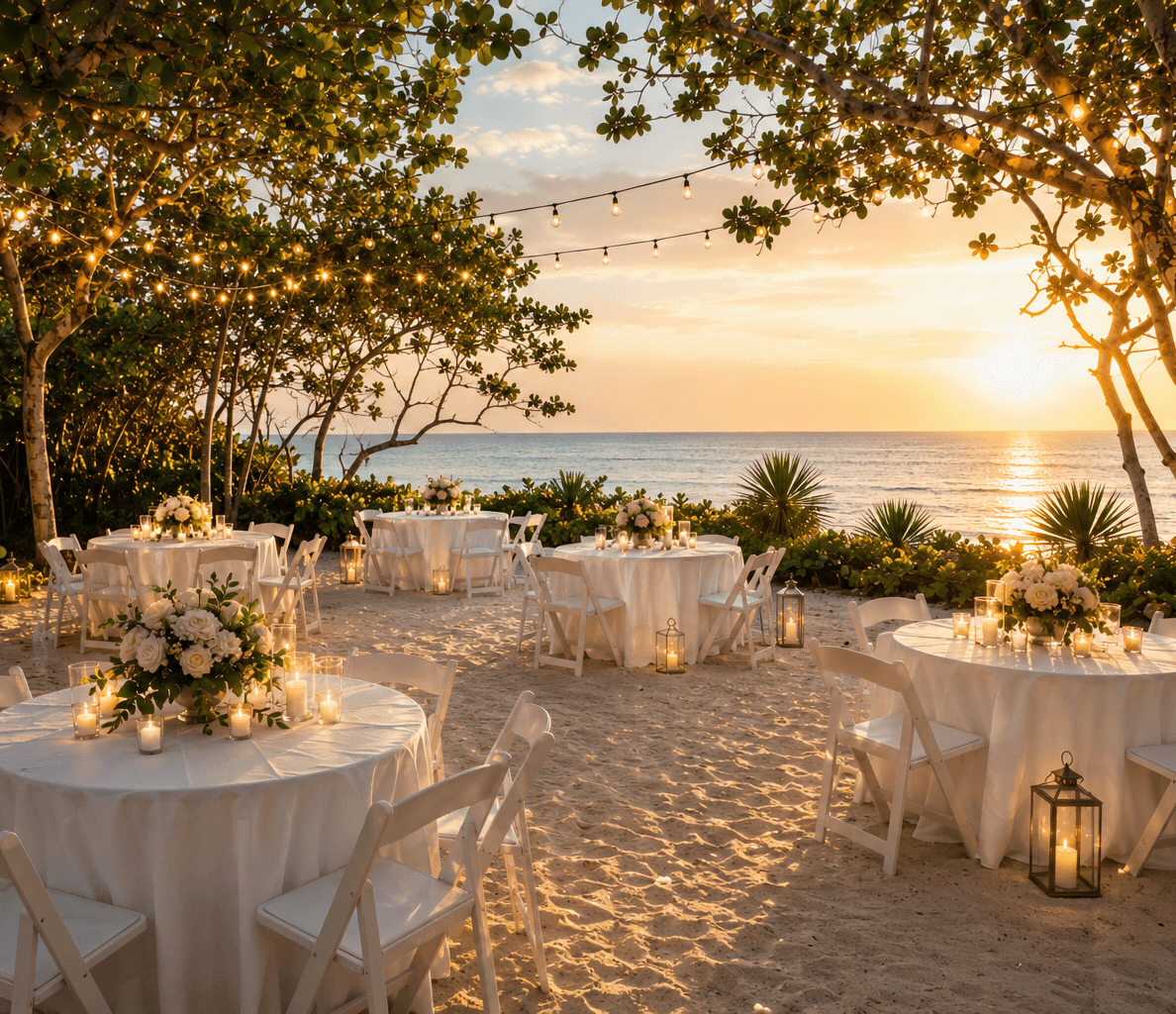 Elegant outdoor wedding reception setup on a sandy beach at sunset, featuring round tables with white linens, floral centerpieces, white chairs, string lights, and lanterns, with a view of the ocean and golden sky.